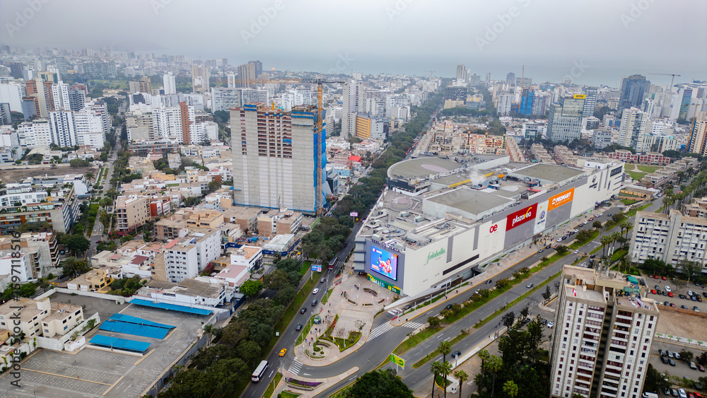 Fototapeta premium Aerial View of Real Plaza Salaverry in Lima, Peru.