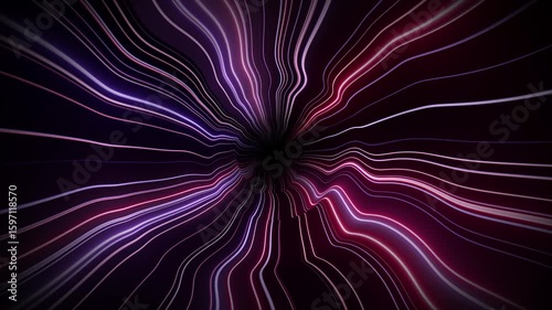VJ loop animation of liquid tunnel with glowing neon stripes in style of night club illumination. Abstract background with dark striped corridor and smooth waves of bright light lines. Looped 4K 60fps