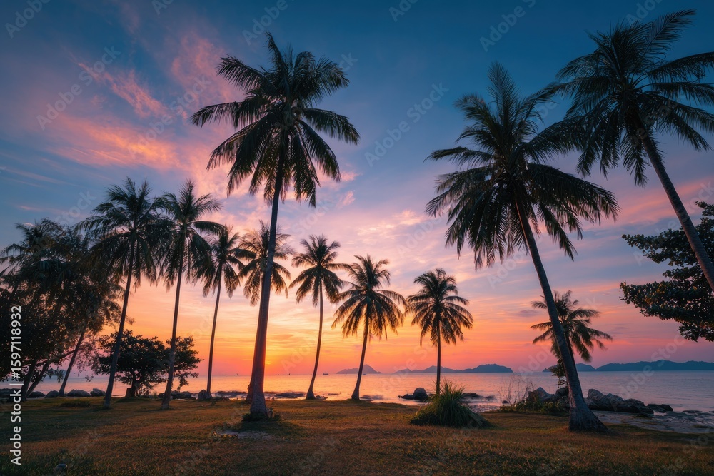 Silhouetted palm trees line a beach at sunset, the sky ablaze with vibrant pink, orange, and purple hues, reflecting on the tranquil ocean beyond Silhouetted palm trees line a beach at sunset, the sky ablaze with vibrant pink, orange, and purple hues, reflecting on the tranquil ocean beyond