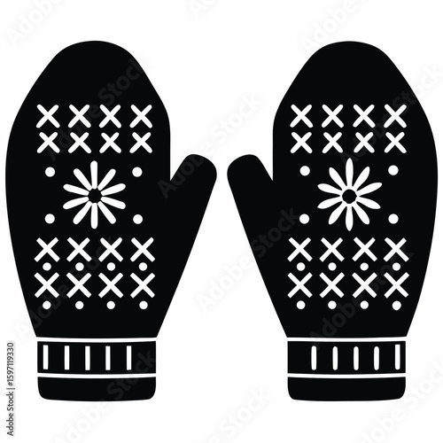 Black knitted mittens with white patterns vector
