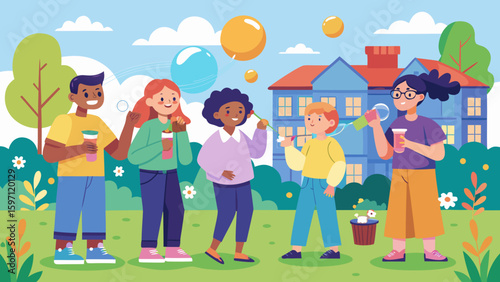 Blowing soap bubbles together in yard