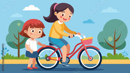 Elder sister teaching younger to ride a bike