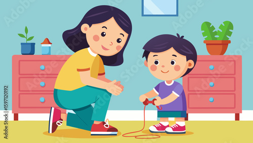 Elder sister tying shoelaces for little one