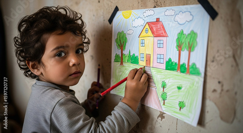 Poor Child Drawing a Dream Home on Wall for World Habitat Day