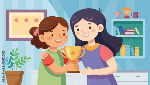 Younger sister showing trophy while elder hugs pro