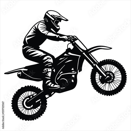 Dynamic Monochrome Illustration of a Motocross Rider Performing a Wheelie Skillfully Executed with Bold Lines and Intense Movement