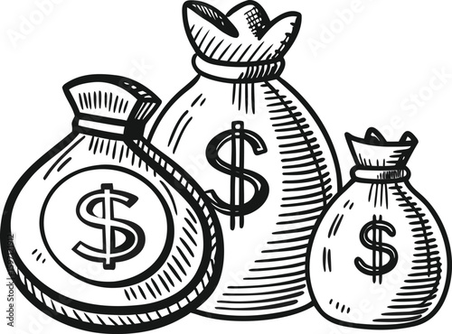 Financial Abundance: A hand-drawn illustration depicting three money bags with dollar signs, a visual representation of wealth, financial growth, and economic prosperity.
