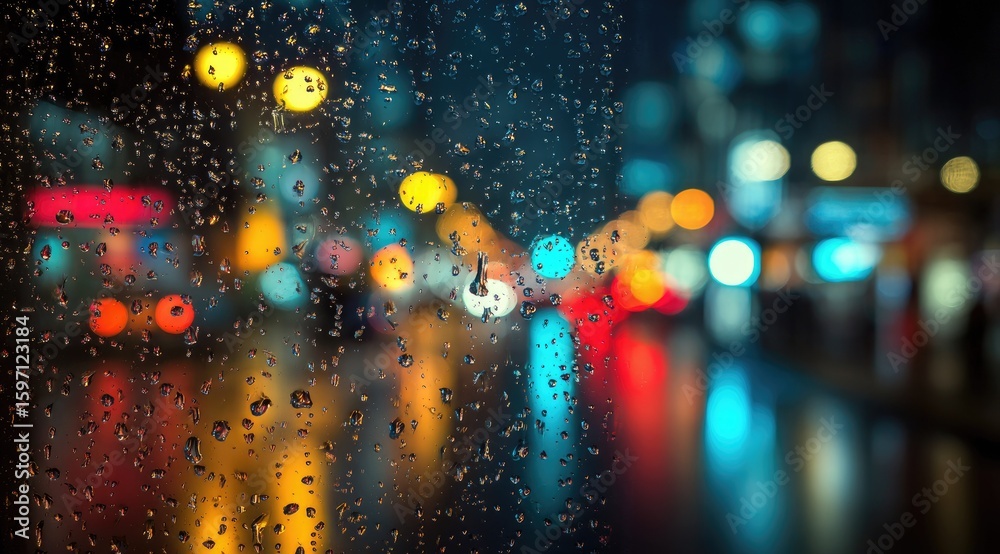 Obraz premium Rain-streaked window showing blurred, colorful city lights at night