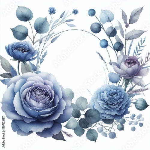 Watercolor frame with blue rose, peony, eucalyptus, and succulent clipart for greeting cards and wedding invitations. Romantic and delicate design with indigo flowers, branches, and leaves. - High-res