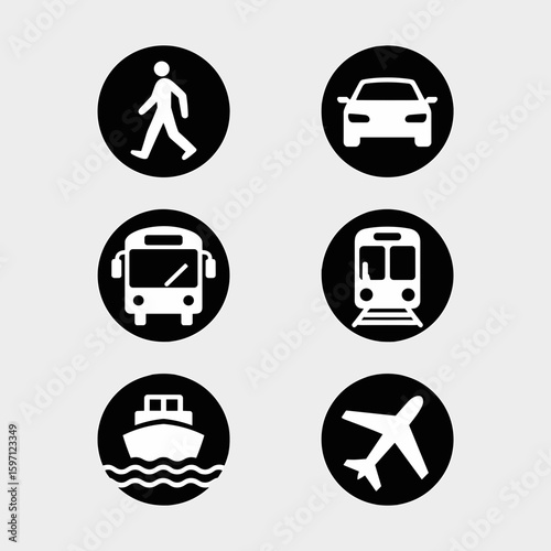 Simple Vector Icons Transport Choices - Walking, Car, Bus, Train, Boat, and Airplane on Black