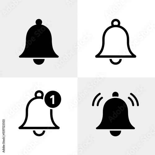 Collection of Notification Bell Icons for Alerts, Reminders, and Updates; Modern Design Set