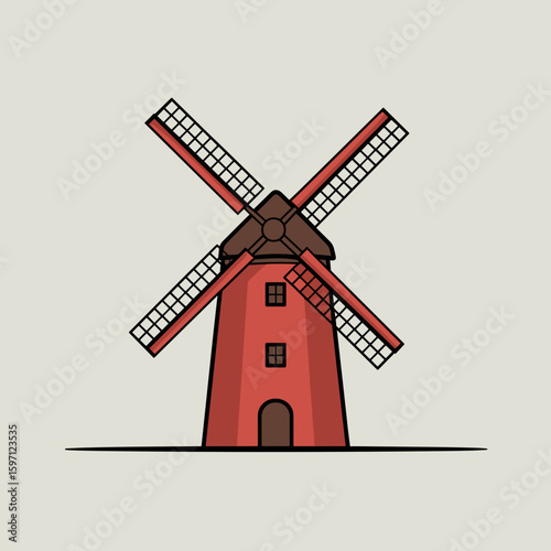 Charming Red Windmill Illustration - Rustic Farmhouse Architecture and Renewable Energy Concept