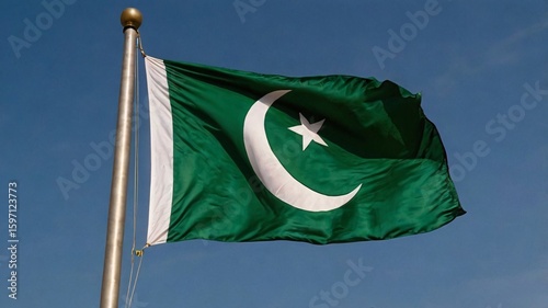 Waving National Flag of Pakistan Against a Clear Blue Sky