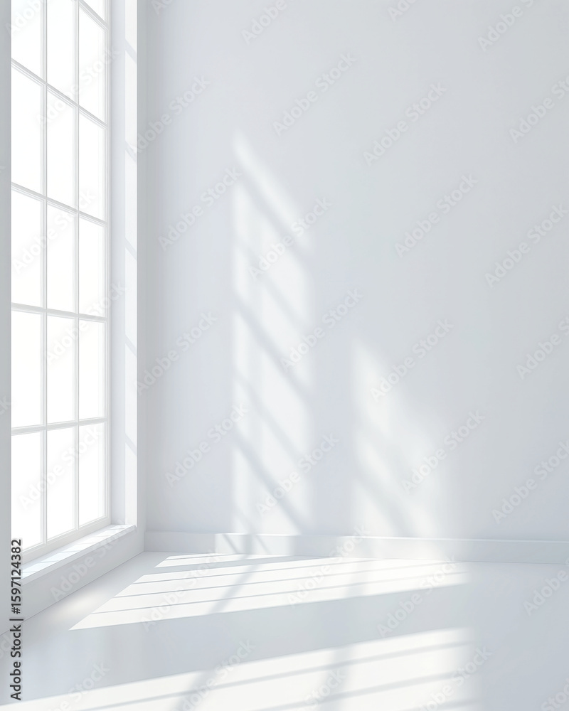 Fototapeta premium Bright minimalist interior, soft shadows on white walls, open space with natural light creating a serene ambiance.
