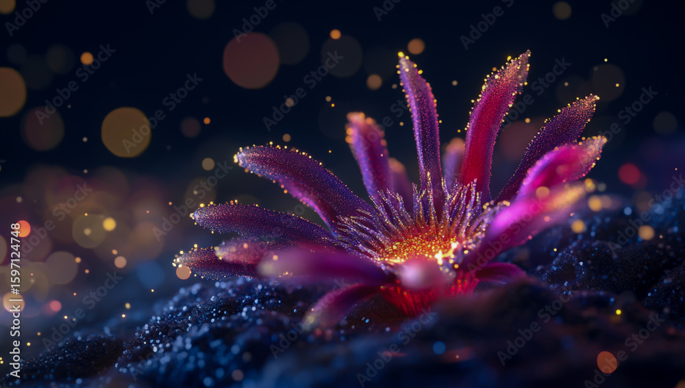 Fototapeta premium A three-dimensional render of a small pink and purple sea anemone, with bright bioluminescent particles floating around, set against a dark, deep ocean backdrop.