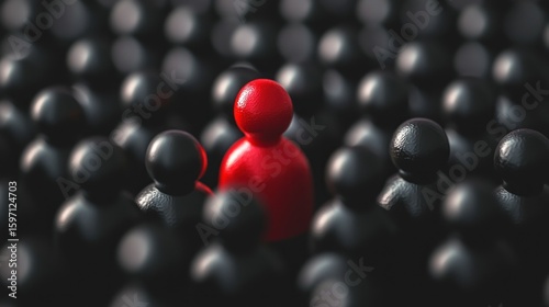 A red wooden figure stands out from a sea of black spheres in a dimly lit room.