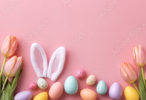 Pastel Easter eggs and tulips arranged on a pink background with bunny ears in the center, leaving ample space for text (1)