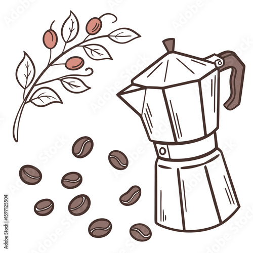 Coffee beans branch and moka pot illustration