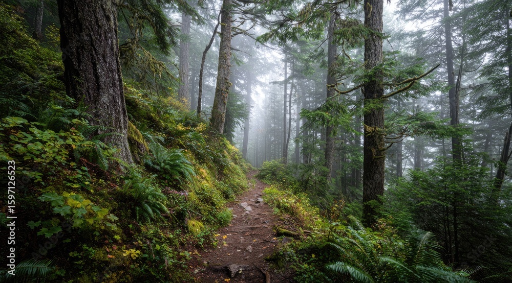 Obraz premium A misty forest trail winds through lush greenery, tall trees lining a path that disappears into the fog