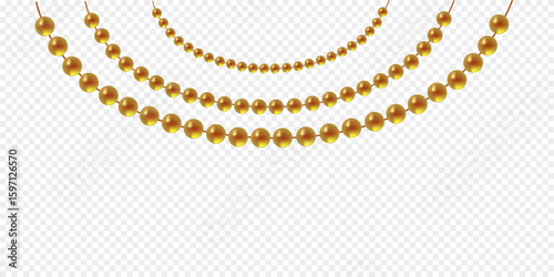 Gold beads on a white background. A beautiful chain of yellow color. Net beads are realistic. Decorative element from golden ball design