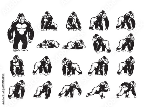 Collection of robust gorilla vector illustrations in diverse poses, perfect for wildlife and strength themes. Wildlife Animals.