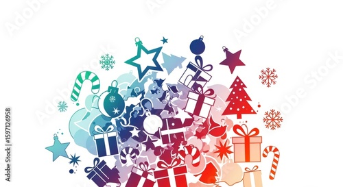 Colorful Christmas Ornaments Cascade on White Background
