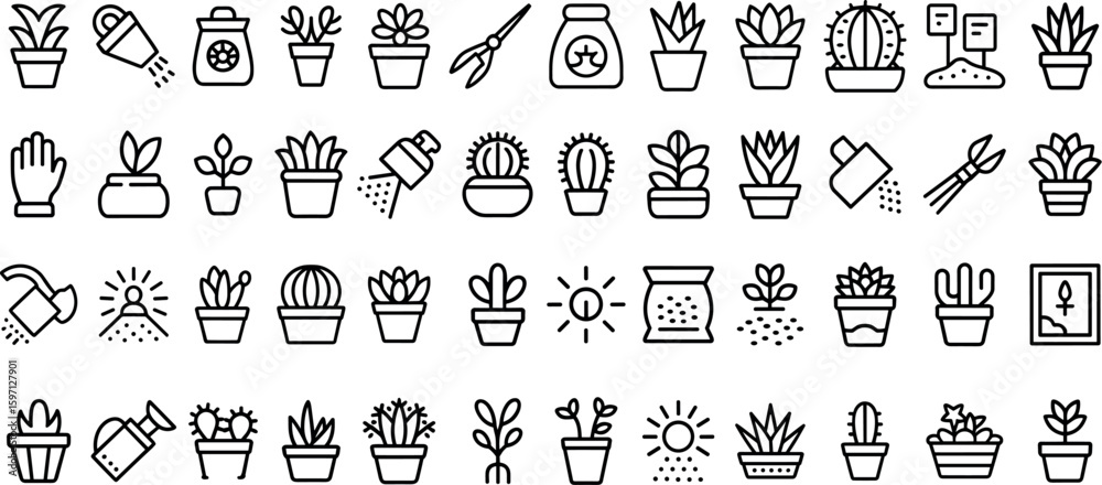 Naklejka premium cactus care line icons set, popular species. Desert plants, soil more vector illustration