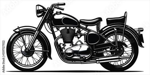 Vintage Motorcycle Illustration Classic Black and White Motorbike Design Detailed Vehicle Artwork Old School Transportation Nostalgic Automotive Image