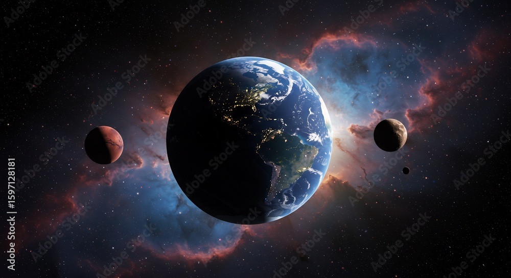Fototapeta premium Stunning 3D Render of Earth, Mars, and Moon in a Cosmic Nebula, Space Exploration, Planetary Alignment