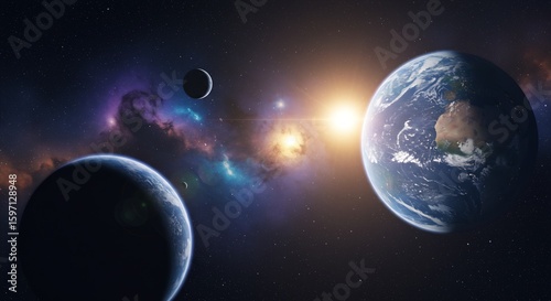 Breathtaking Space Scene: Earth, Planets, Nebula, and Star System in Cosmic Vastness