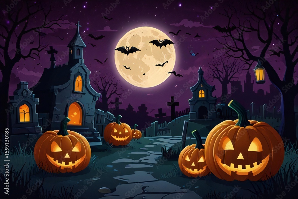 Fototapeta premium Spooky halloween night with jack o lanterns and bats under a full moon