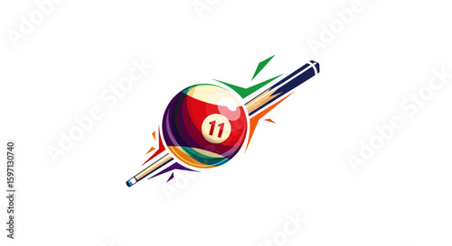 Dynamic Pool Game Action, Billiard Balls, Game Room, Digital Illustration, Colorful Environment, Close-Up View, Sport Concept