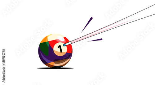 Action Shot of a Cue Ball in Motion, Billiards Game, Indoor Pool Hall, Digital Illustration, High-Energy Environment, Close-Up View, Sports Concept