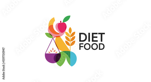 Creative Diet Food Logo Design Featuring Colorful Fruits and Grains in a Modern Style