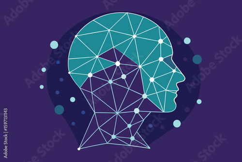 Abstract illustration representing artificial intelligence and the human brain with connected nodes and neural networks.