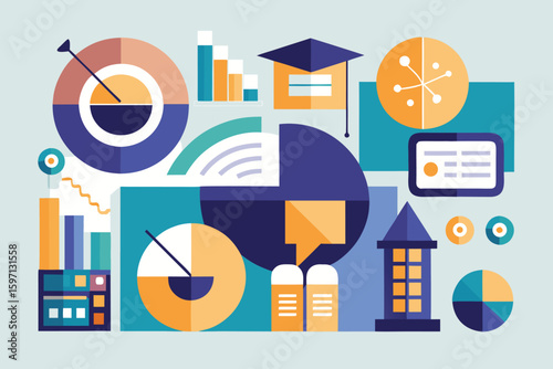 Colorful abstract graphic design comprising charts graphs diagrams and modern architectural elements on a light background