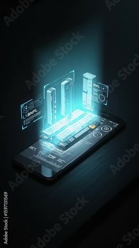 Futuristic smartphone displaying holographic interface