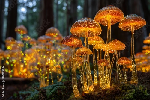 Glowing mushroom forest at night