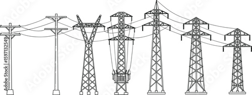 Collection of different electricity transmission towers and utility poles with power lines, vector illustration for energy infrastructure, industrial and electrical concepts
