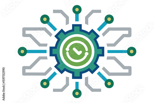 Technological process icon depicting processing data integration and verification with a white background design