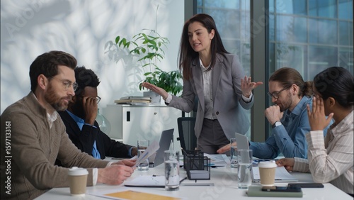 Slika na platnu Caucasian woman leader arguing shout stress financial problem trouble documents