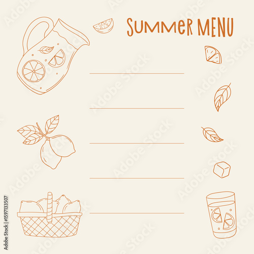Summer menu design featuring lemonade pitcher with fruits and leaves for refreshing drinks