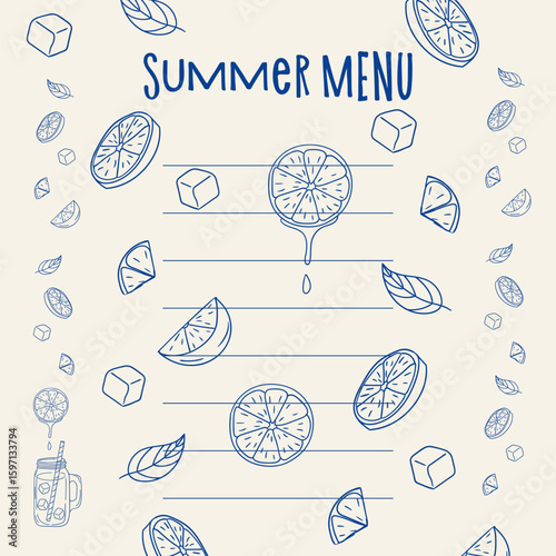 Summer menu design featuring lemon and ice elements for refreshing drinks and meals