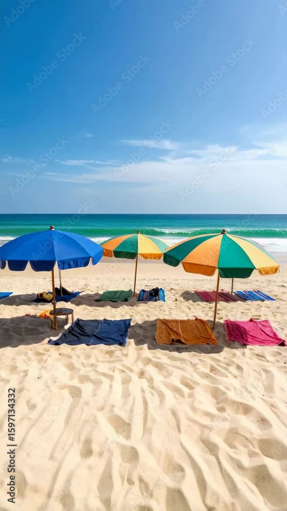 Azure waters and colorful sun umbrellas on sandy beach create idyllic coastal summer vacation scene under clear sunny blue sky Azure waters and colorful sun umbrellas on sandy beach create idyllic coastal summer vacation scene under clear sunny blue sky