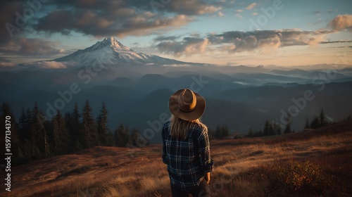 Fototapeta Naklejka Na Ścianę i Meble -  Woman in Hat Overlooking Mountain Range at Sunset