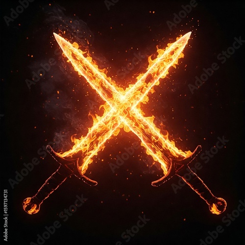 
Two majestic swords crossed and engulfed in vibrant, fiery flames against a dramatic black background, symbolizing intense conflict, power, and courage. This dynamic image is perfect for gaming
