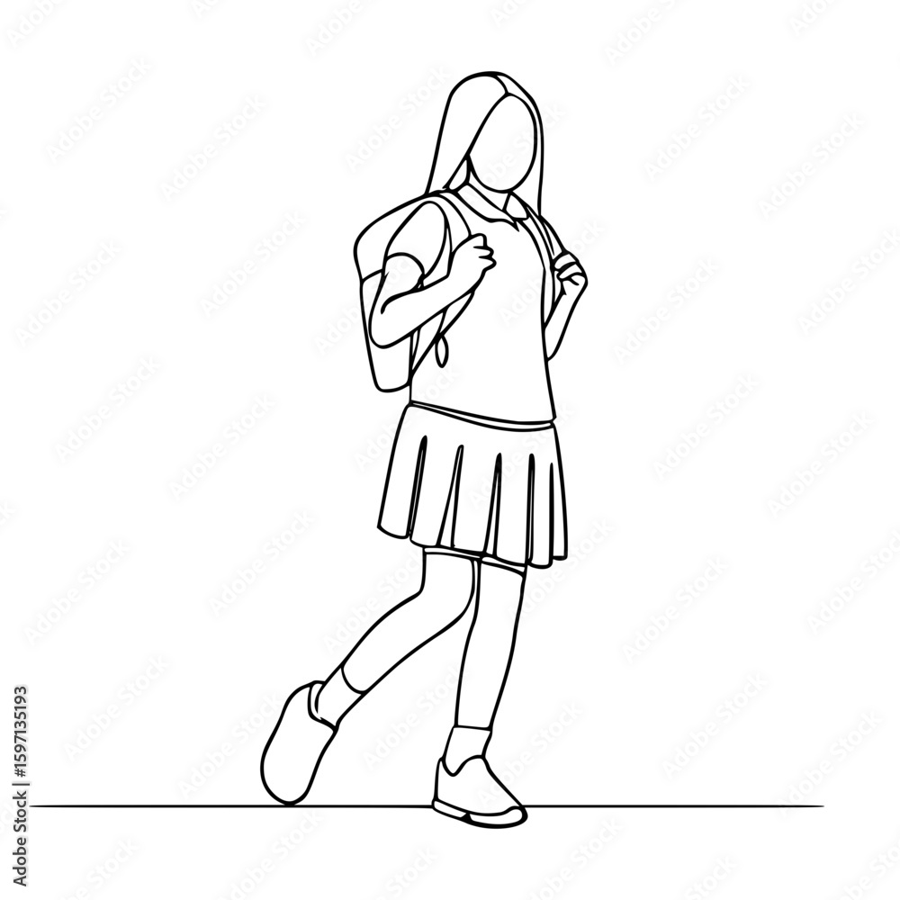 Obraz premium One line drawing of a school girl with backpack walking