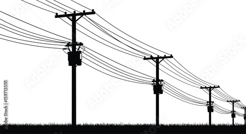 Silhouette of electrical power lines with transformers on utility poles in rural landscape, clean vector illustration for energy infrastructure visuals