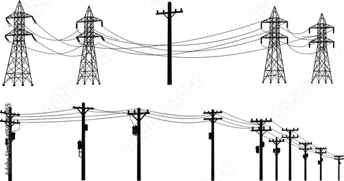 Silhouette of electric power lines and utility poles with high voltage transmission towers for energy infrastructure industrial and engineering design use