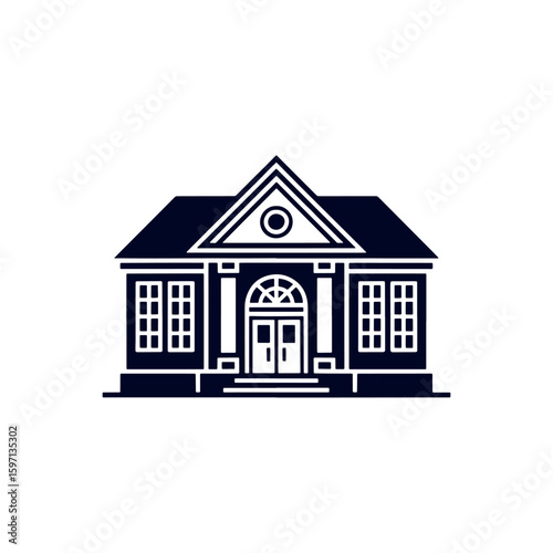 Architectural Design of a Classic American Building Silhouette on White Backdrop Featuring Prominent Roof and Central Entryway